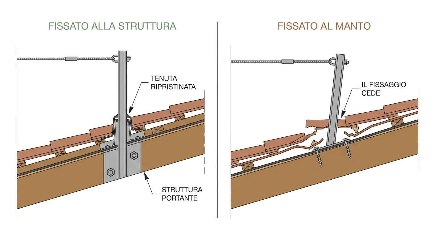 Confronto fra due sezioni di un ancoraggio per linea vita: a sinistra il montante attraversa il manto ed è bullonato alla struttura portante in legno con la tenuta ripristinata, a destra è fissato con viti corte al solo manto, che si lacera e lascia inclinare il montante.