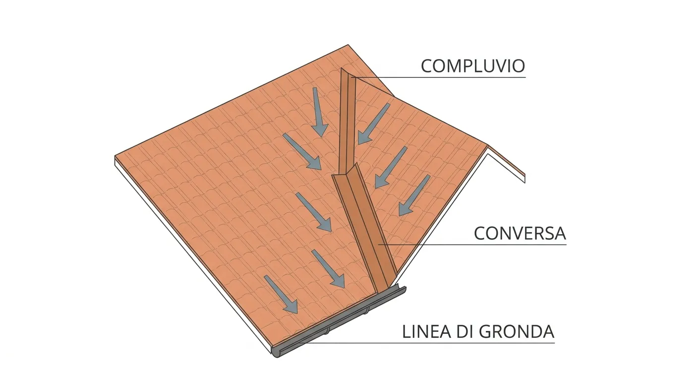 Vista dall'alto di due falde che si incontrano ad angolo interno: le frecce dell'acqua delle due falde convergono sul compluvio, dove una conversa metallica raccoglie il flusso e lo porta alla linea di gronda.