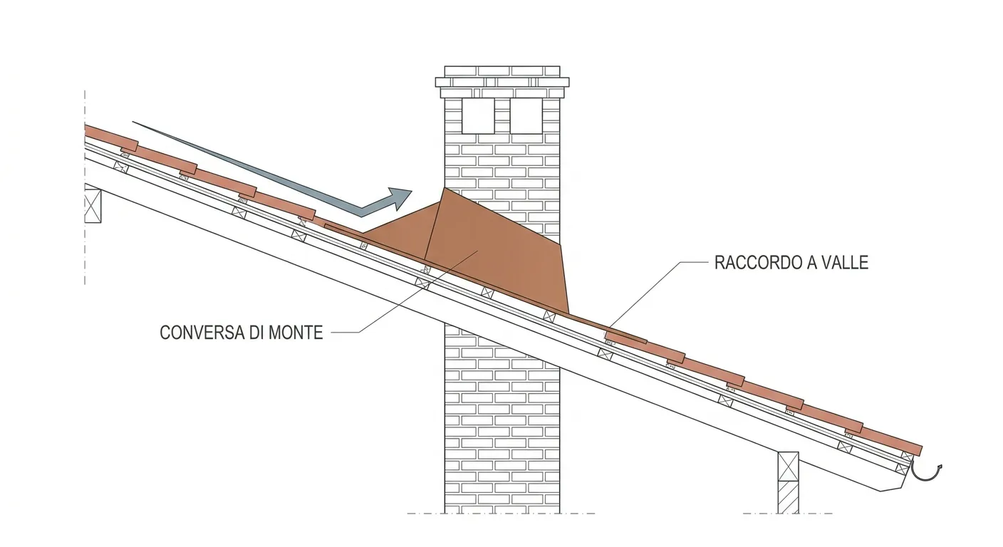 Sezione di un camino che attraversa una falda: sul lato a monte una conversa metallica rialzata a cuneo solleva e devia lateralmente l'acqua che scende dalla falda, mentre sul lato a valle un raccordo piatto appoggia sopra il manto.