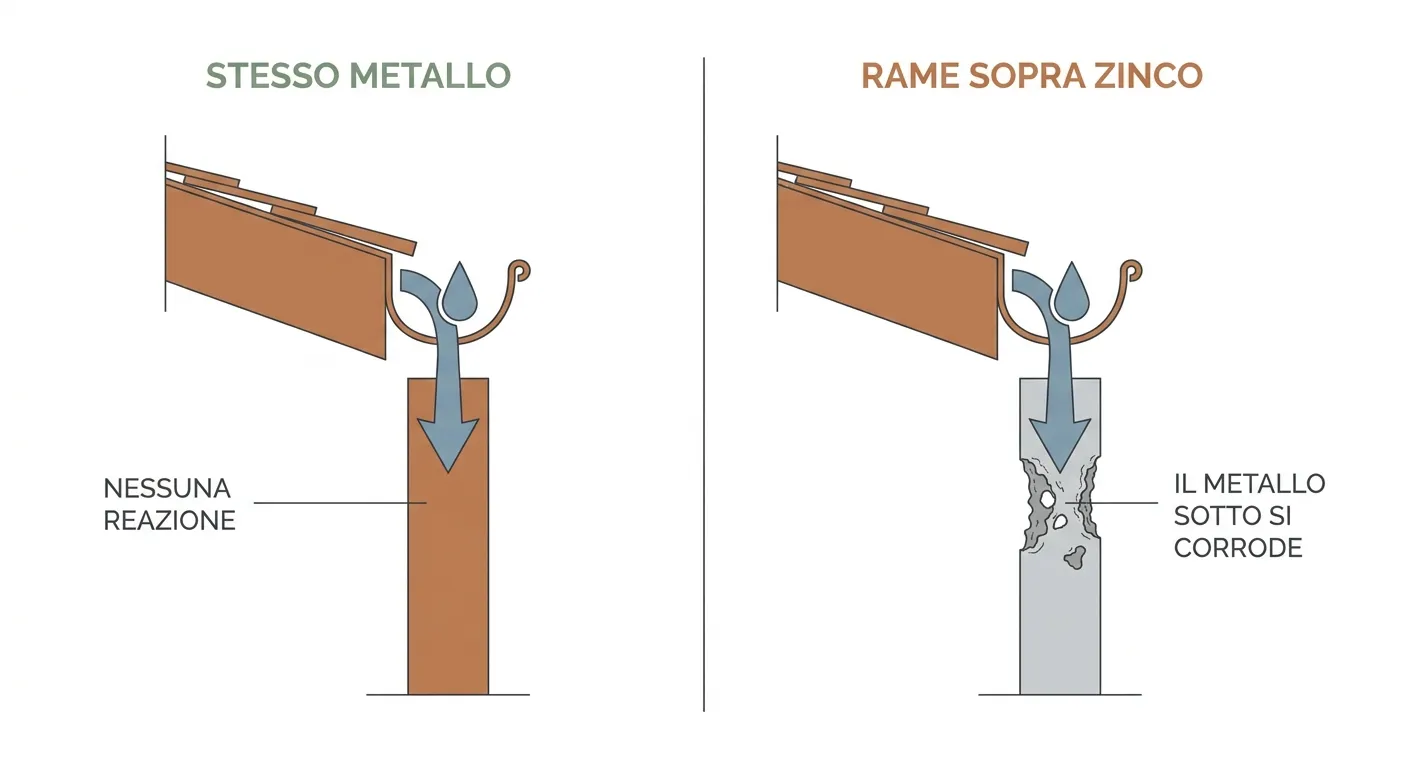 Confronto fra due gronde: a sinistra canale e discendente sono entrambi in rame e restano integri, a destra un canale in rame scarica su un discendente in zinco che risulta corroso e bucato nel punto in cui l'acqua lo colpisce.