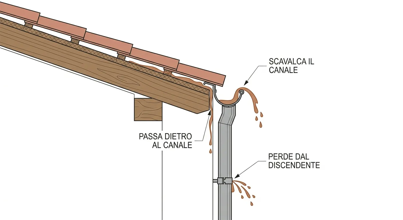 Sezione della gronda di un tetto in coppi con i tre punti in cui l'acqua esce: scavalcando il bordo esterno del canale, passando dietro al canale e scendendo lungo il muro, oppure perdendo da una giunzione del discendente.