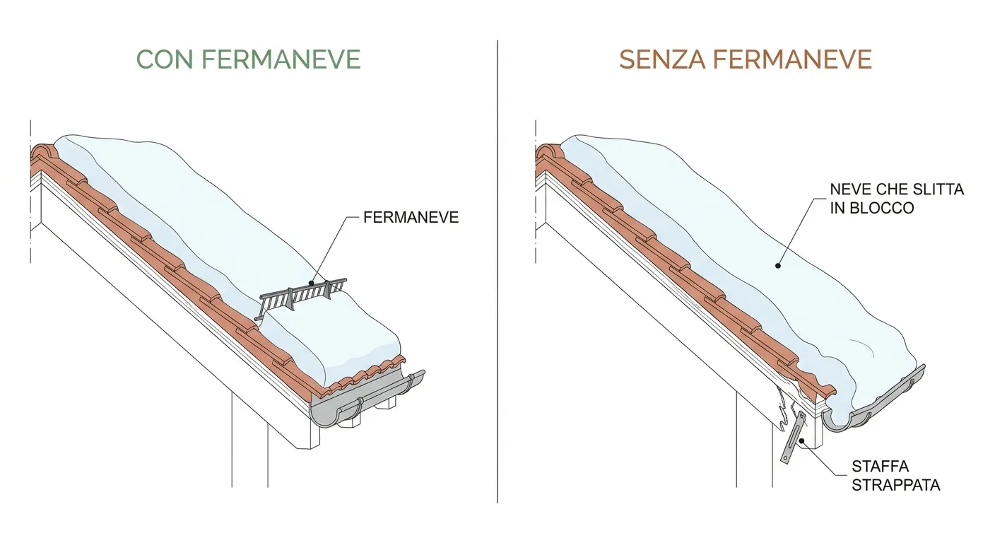 Confronto fra due gronde di un tetto in coppi sotto la neve: con i fermaneve il manto nevoso resta sulla falda e il canale è integro, senza fermaneve la neve slitta in blocco, piega il canale e strappa una staffa.