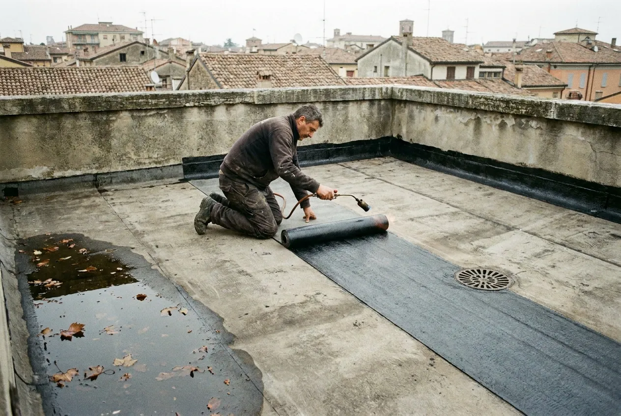 Posa a fiamma di una membrana bituminosa su un terrazzo piano, con il rotolo srotolato verso un bocchettone di scarico.