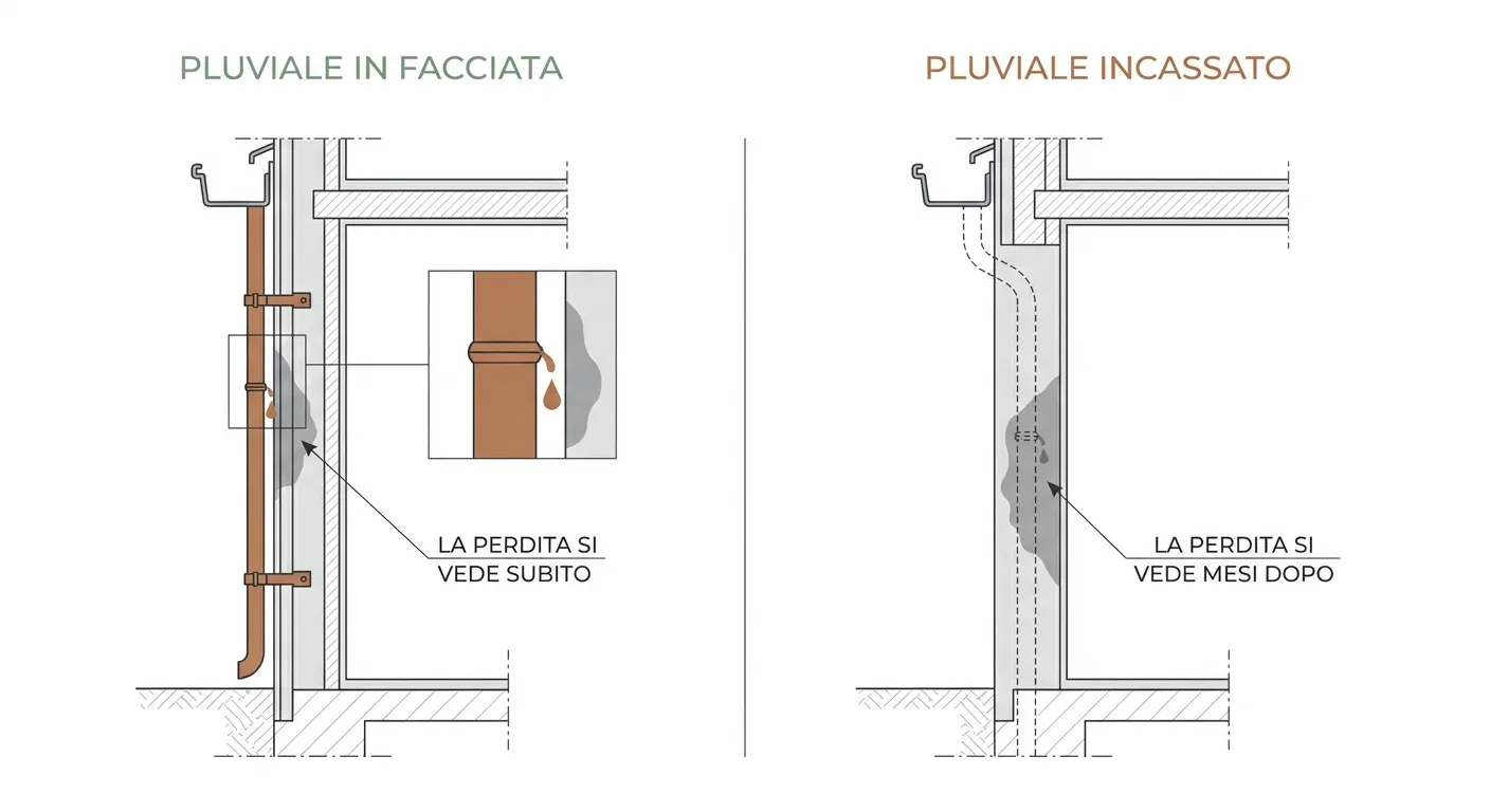 Confronto fra due sezioni di facciata: a sinistra il pluviale corre all'esterno del muro e una perdita macchia subito l'intonaco a vista, a destra il pluviale è incassato nella muratura e la stessa perdita scarica dentro il muro senza segni all'esterno.
