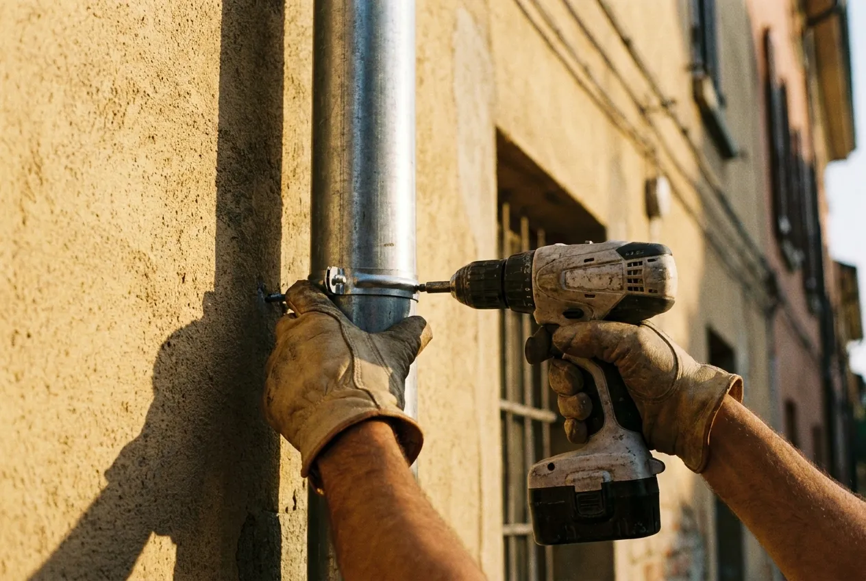 Mani guantate di un lattoniere che fissa un collare di staffa attorno a un pluviale in zinco sulla facciata intonacata di un edificio.