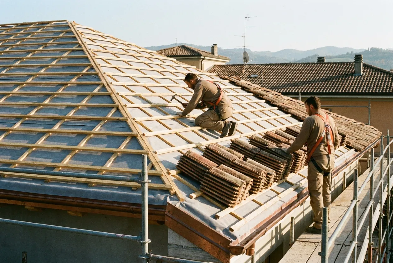 Tetto a falda in fase di rifacimento, con listellatura e telo di sottocopertura a vista e i coppi vecchi accatastati sulla falda.