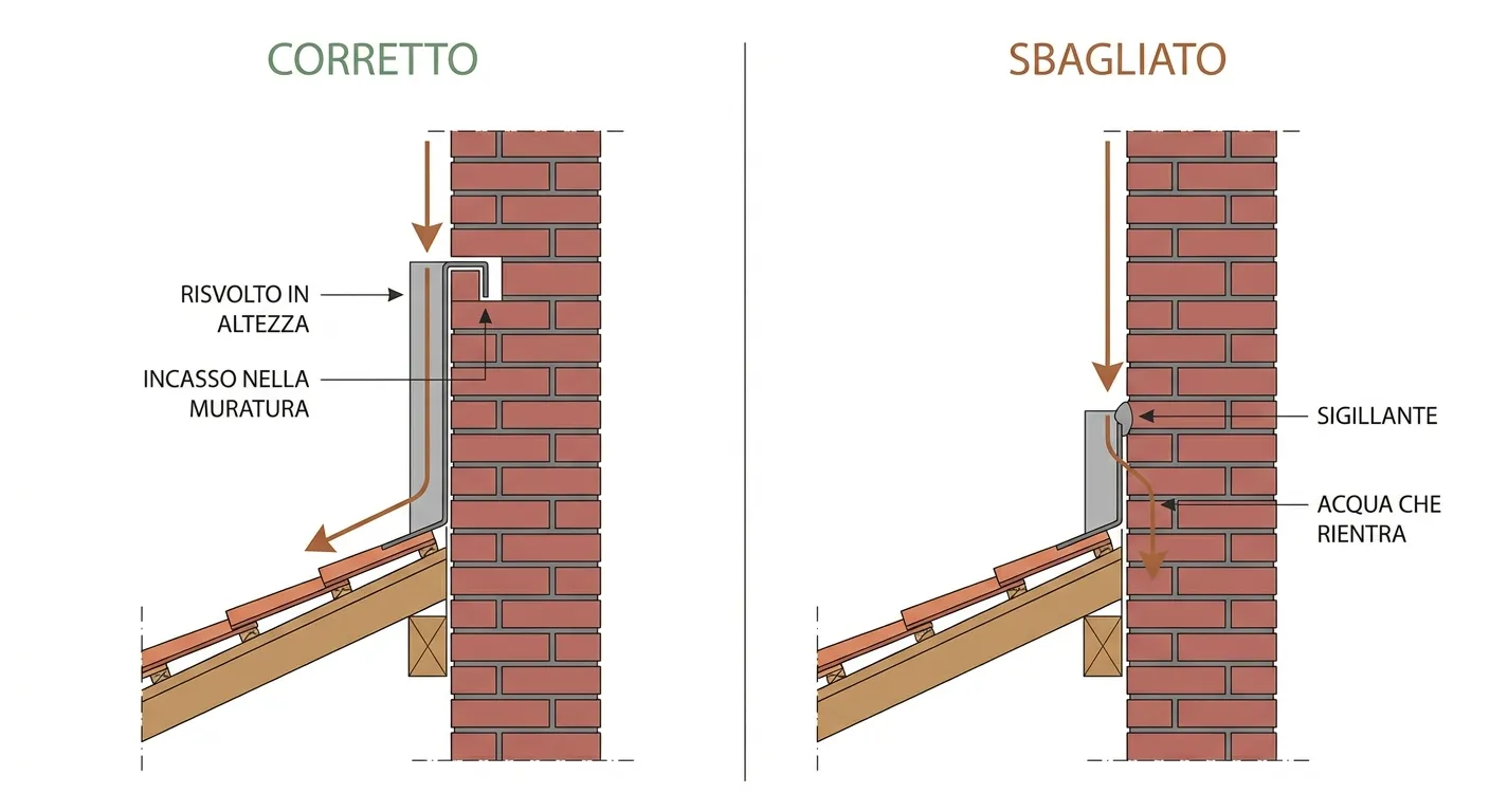 Confronto fra due sezioni del raccordo fra falda e muro: a sinistra la scossalina risvolta in altezza e incassata nella muratura devia l'acqua sulla falda, a destra una scossalina corta sigillata con silicone lascia rientrare l'acqua nel muro.