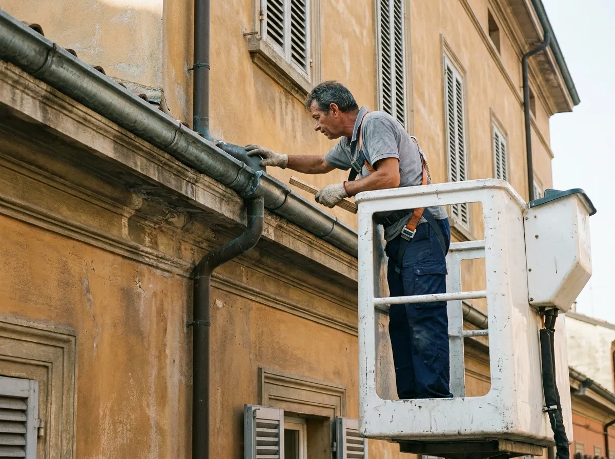 Lattoniere in imbracatura che ispeziona il canale di gronda di una palazzina, con il quaderno del sopralluogo in mano.